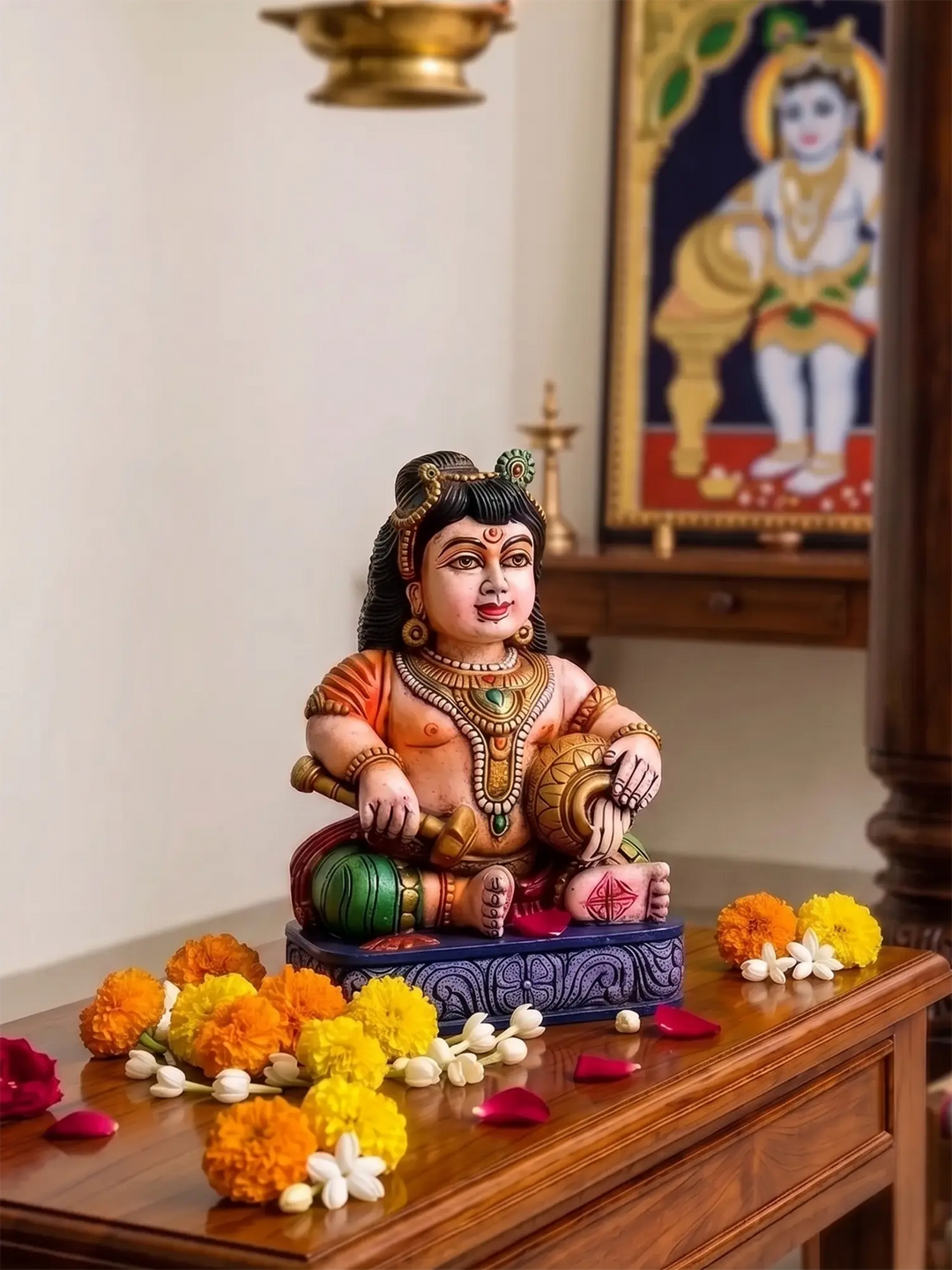 Handcrafted wooden Krishna statue for pooja room and spiritual home decor
