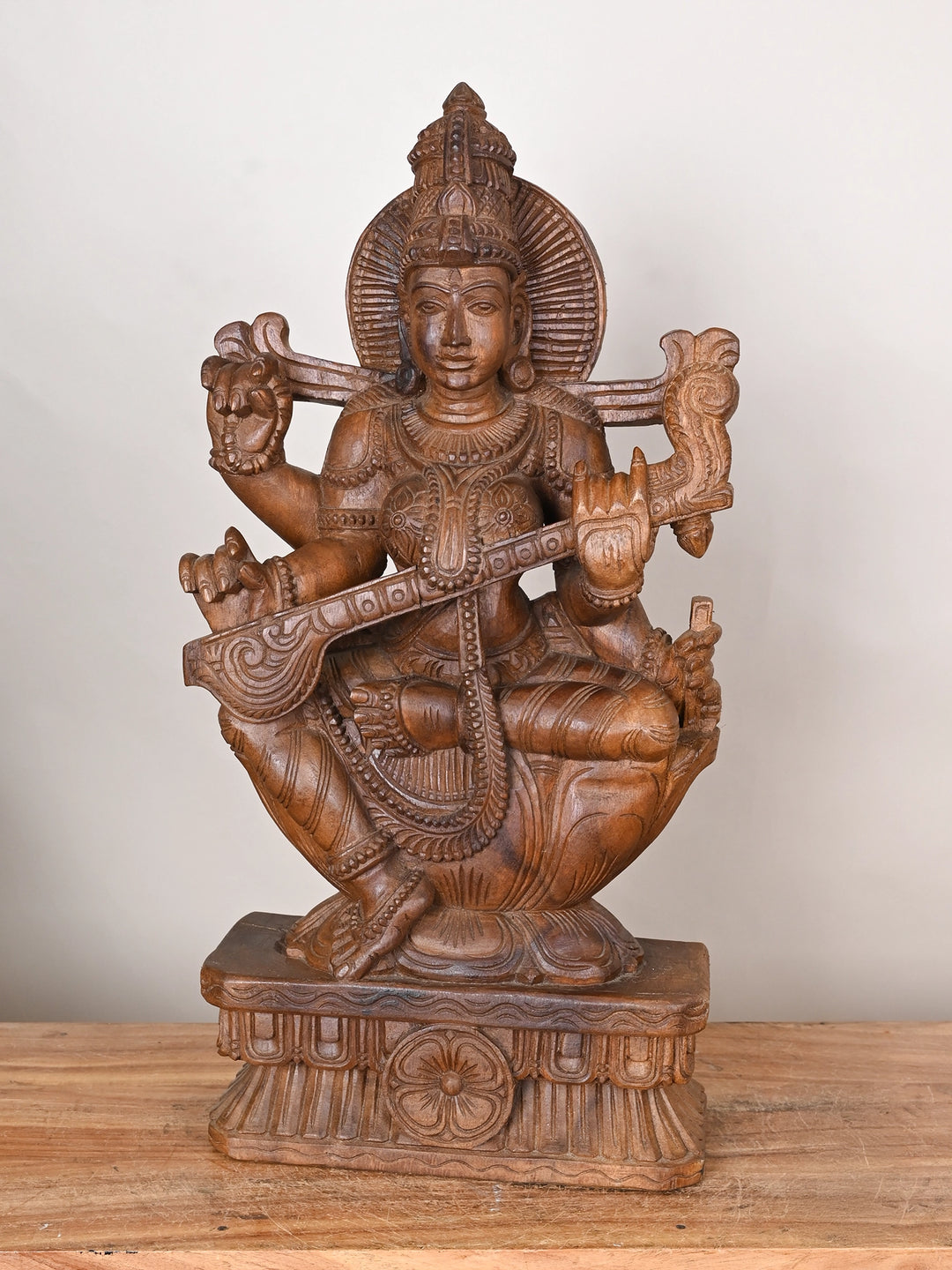 Wooden Goddess Saraswathi statue