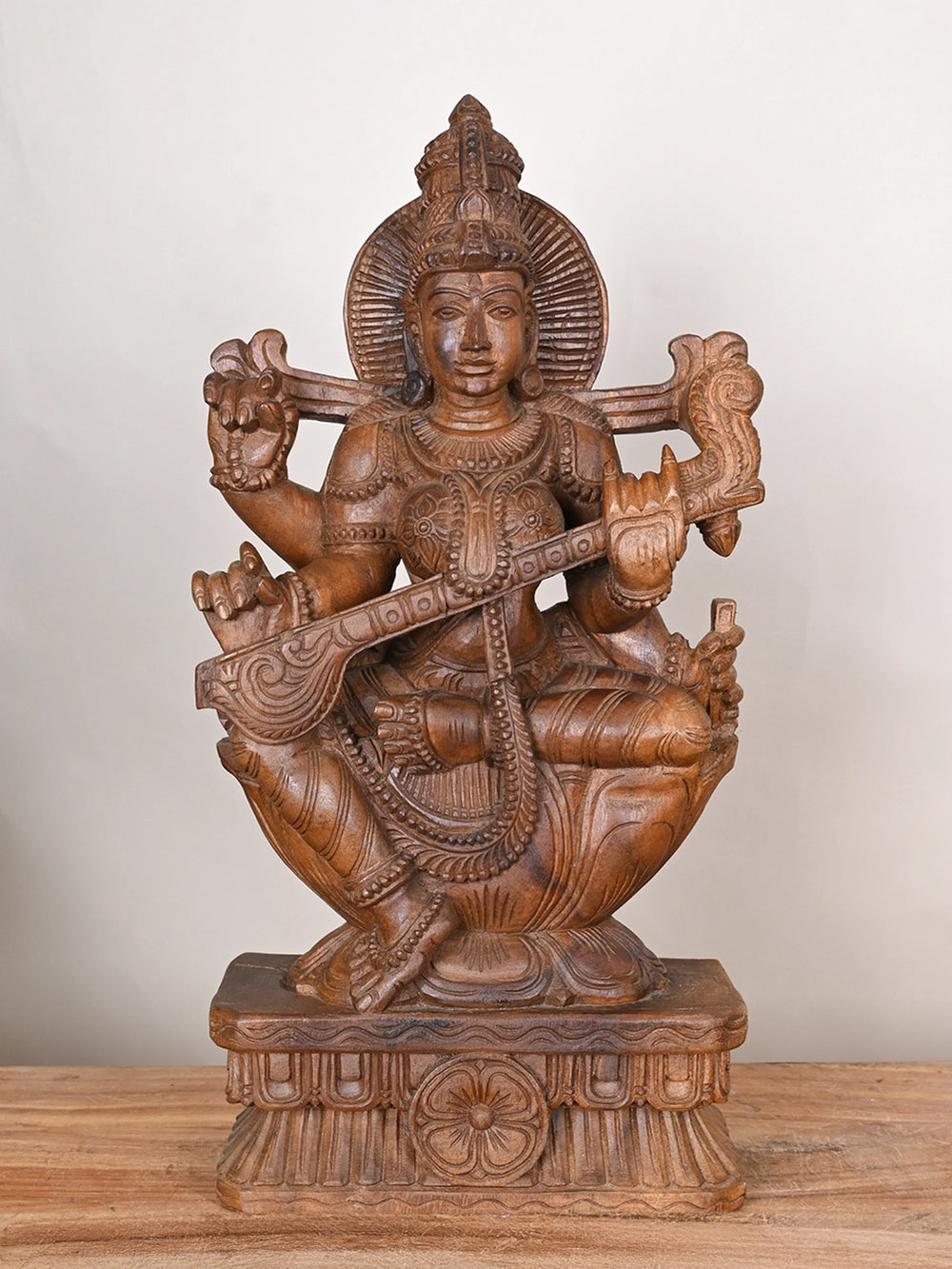 Wooden Goddess Saraswathi statue