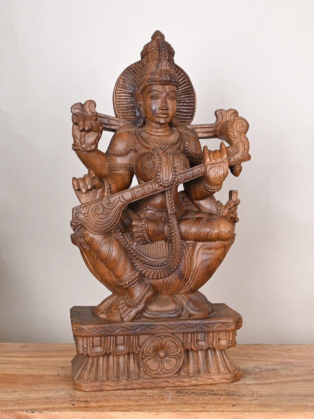 Wooden Goddess Saraswathi statue