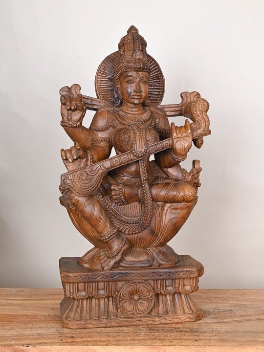 Wooden Goddess Saraswathi statue