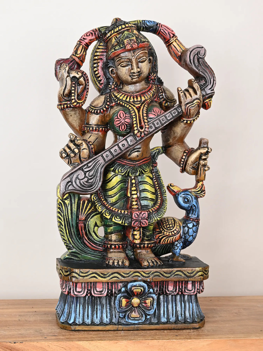 Goddess Saraswathi wooden statue