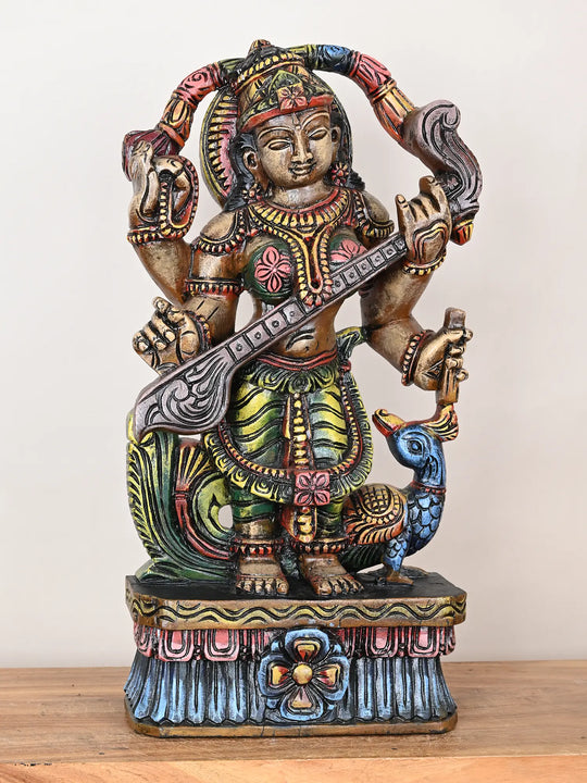 Goddess Saraswathi wooden statue