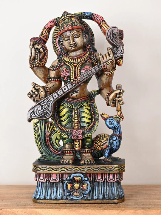 Goddess Saraswathi wooden statue