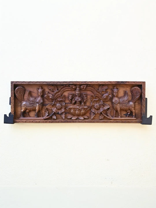 Goddess Lakshmi with kamadhenu wooden panel