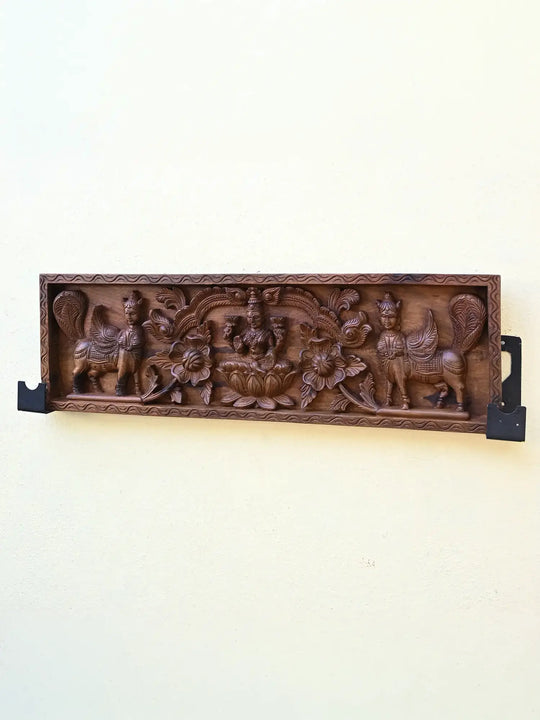 Goddess Lakshmi with kamadhenu wooden panel