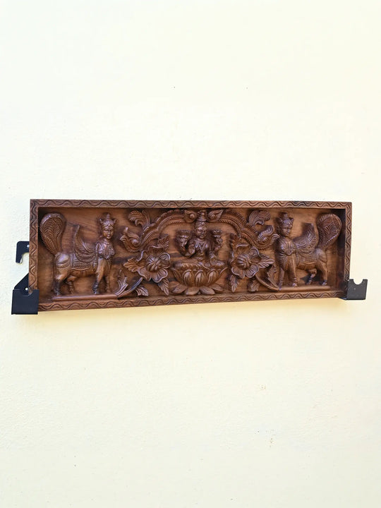Goddess Lakshmi with kamadhenu wooden panel