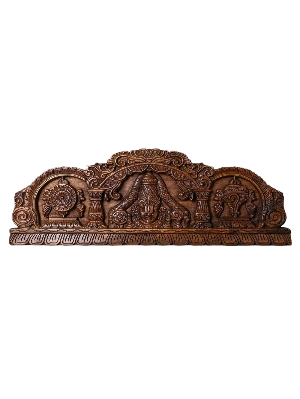 Decorative Balaji wooden panel with intricate carvings on a white background