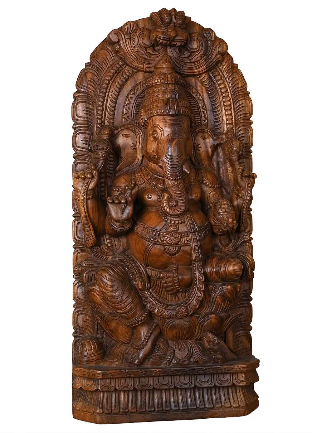 Premium Wooden Vinayagar Idol – Detailed Carving with Prabhavali 36"