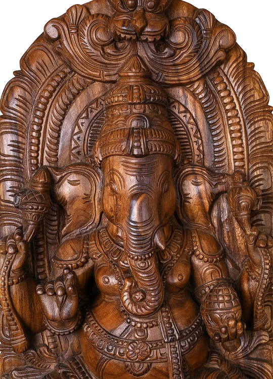 Premium Wooden Vinayagar Idol – Detailed Carving with Prabhavali 36"