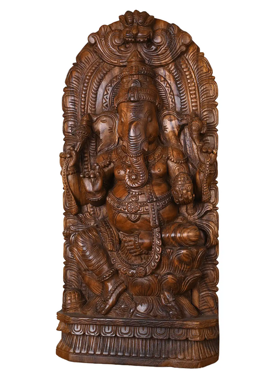 Premium Wooden Vinayagar Idol – Detailed Carving with Prabhavali 36"