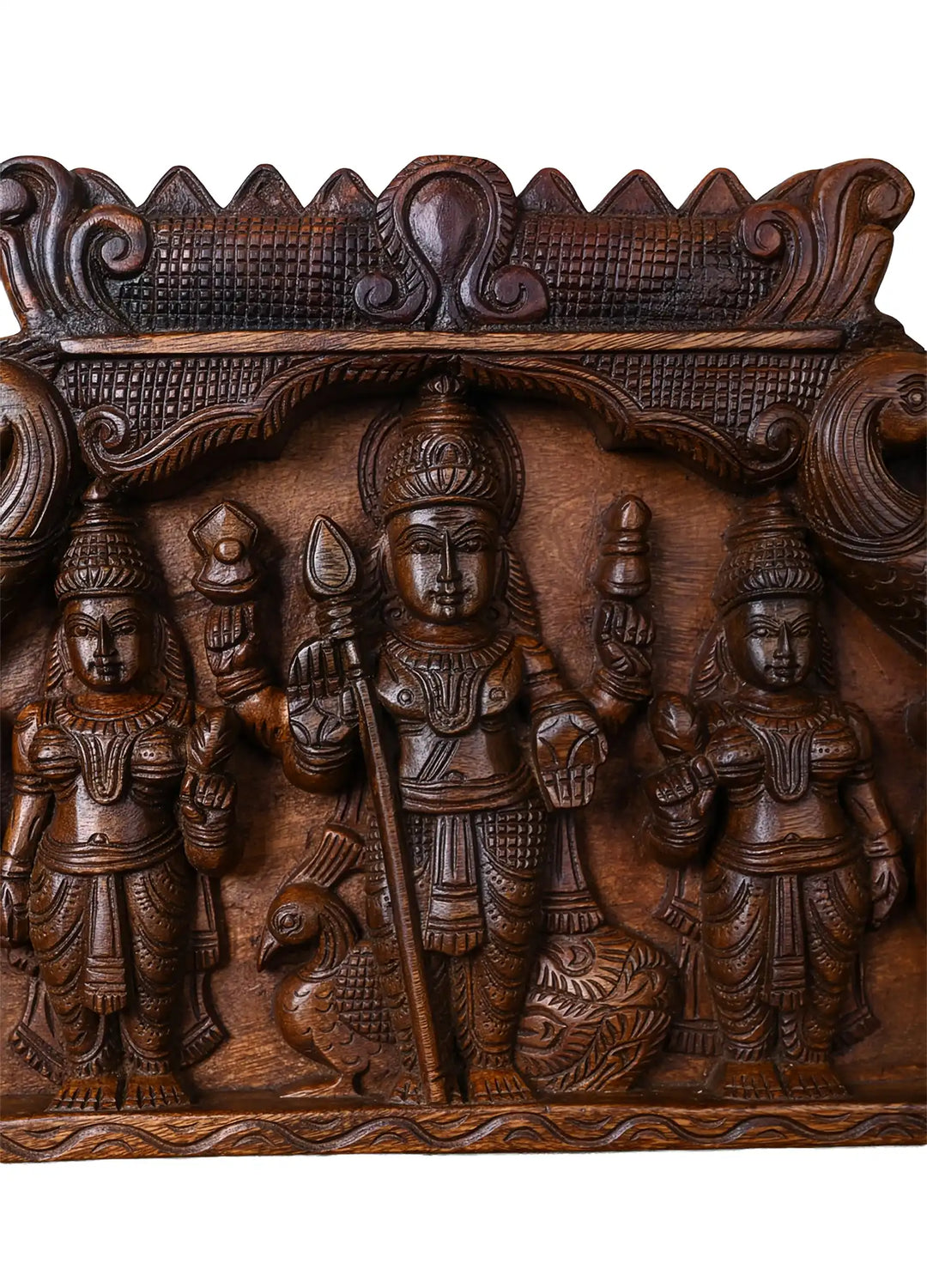 Lord Murugan with Valli and Deivanai Wooden Temple Arch Panel