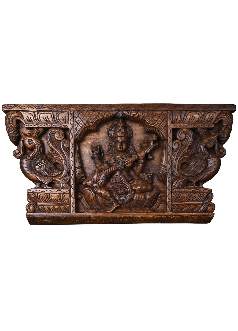 wooden handcarved goddess saraswathi wallmount panel 12"