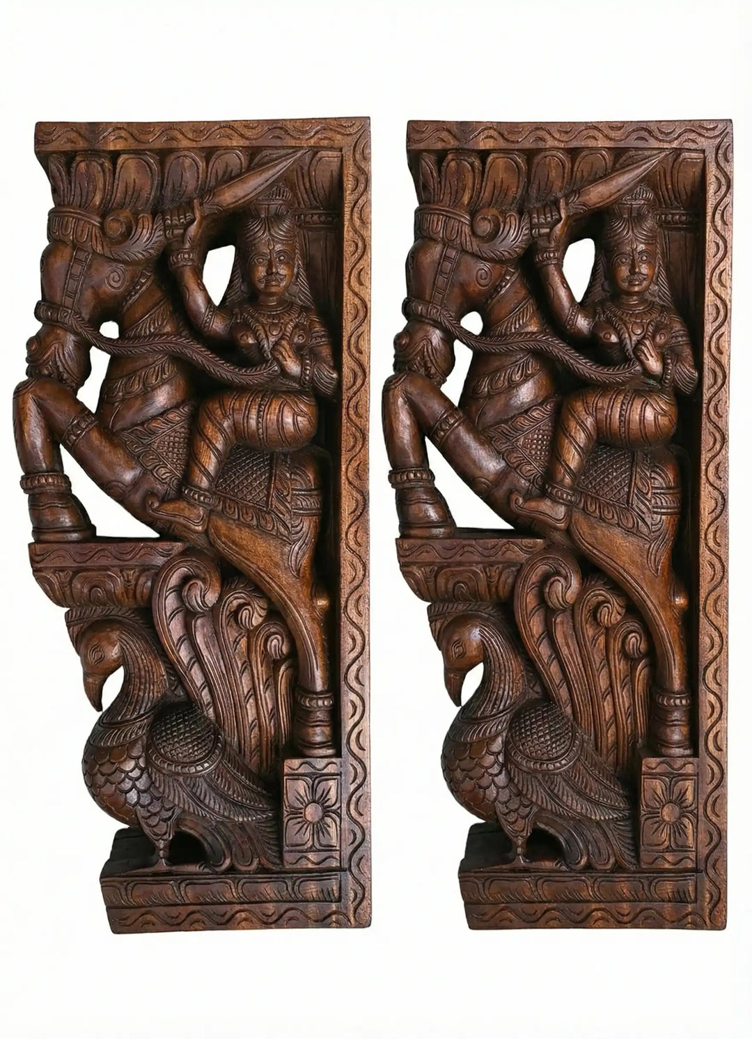 Traditional Wooden Peacock Corbel with Warrior Sculpture – Decorative Wall Mount 24"