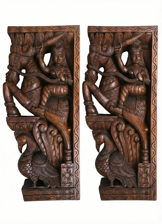 Traditional Wooden Peacock Corbel with Warrior Sculpture – Decorative Wall Mount 24"