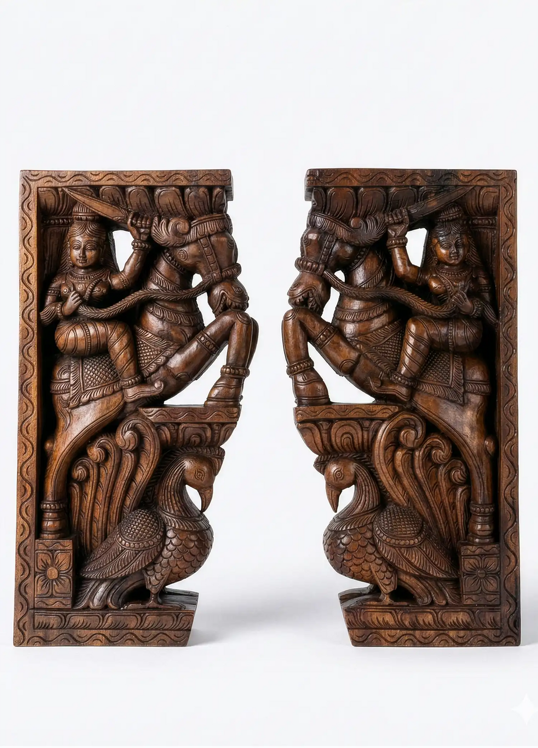 Wooden Peacock Corbel with Warrior Sculpture