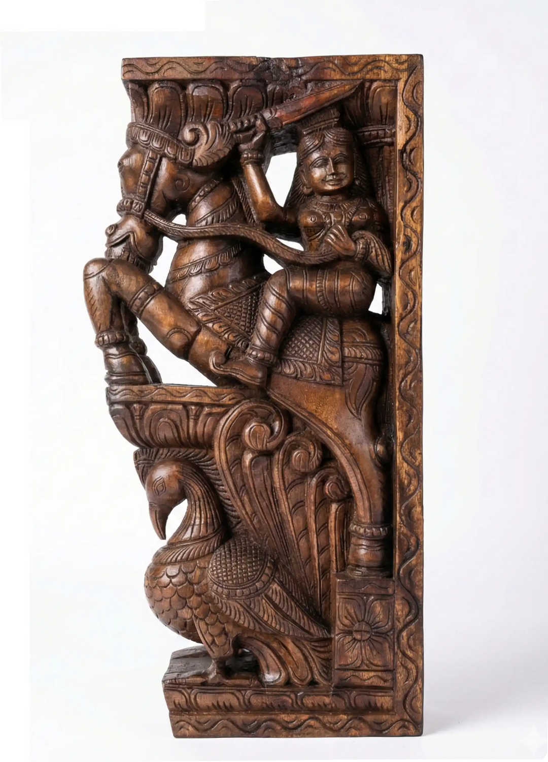 Traditional Wooden Peacock Corbel with Warrior Sculpture – Decorative Wall Mount 24"