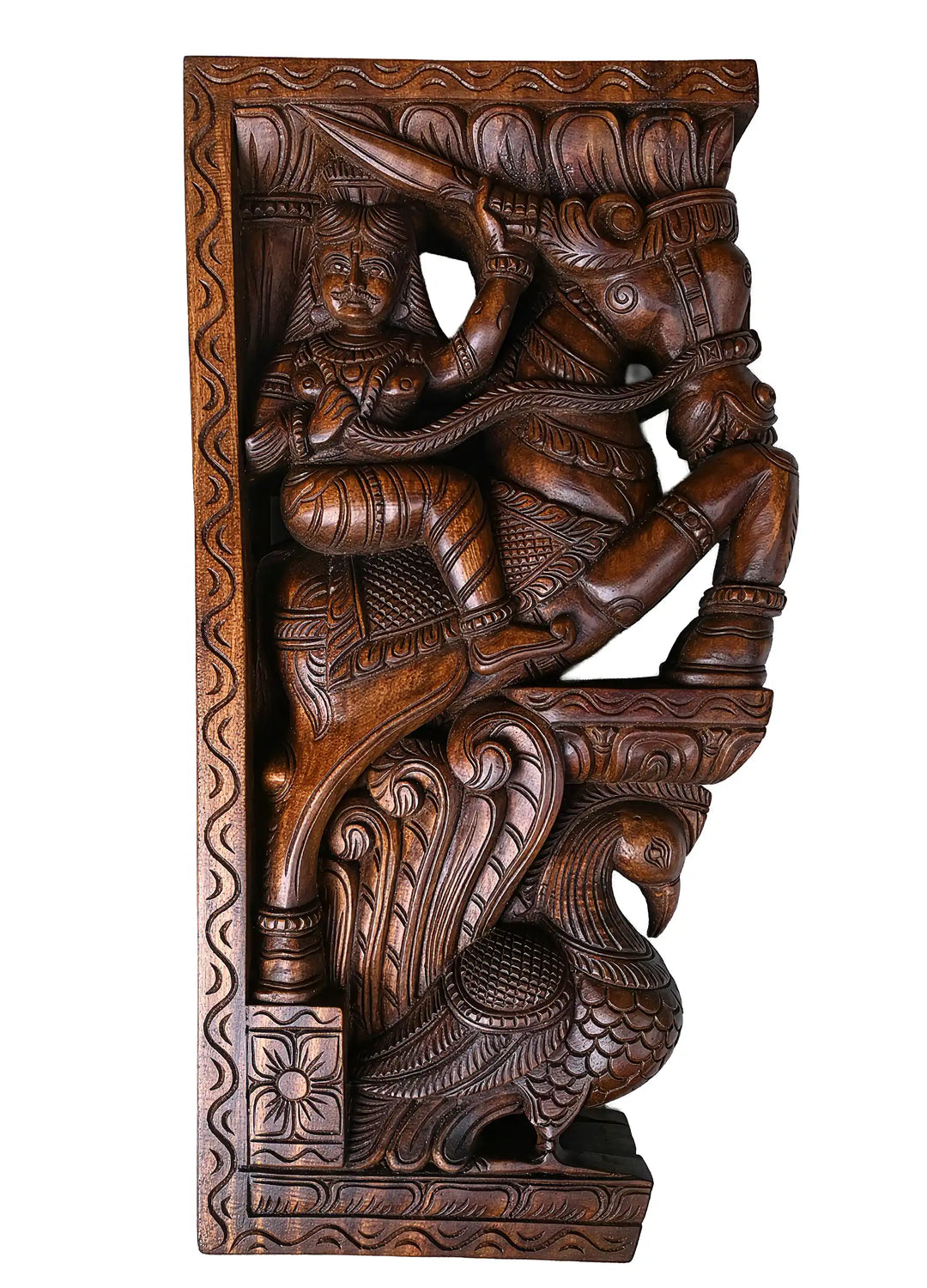 Traditional Wooden Peacock Corbel with Warrior Sculpture – Decorative Wall Mount 24"