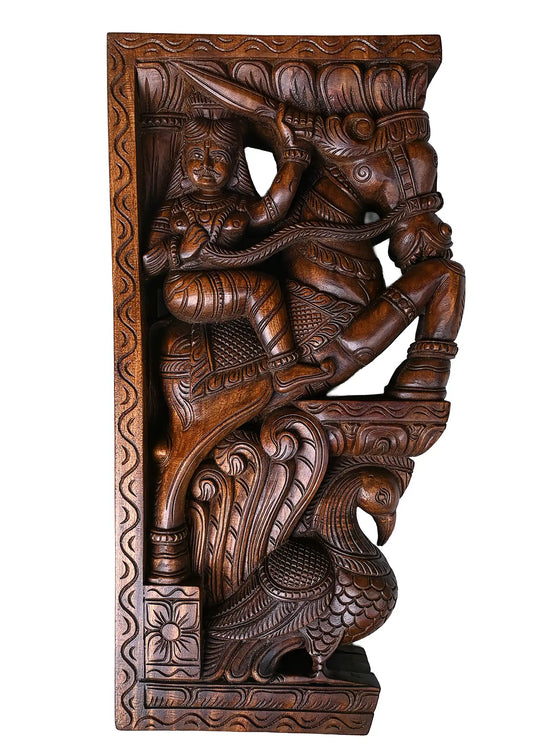 Traditional Wooden Peacock Corbel with Warrior Sculpture – Decorative Wall Mount 24"