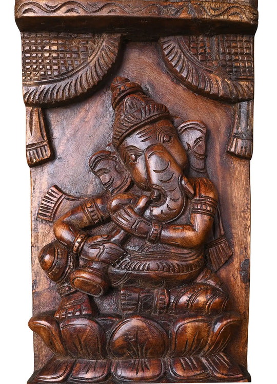 Traditional Indian Musical Ganesha Wooden handCarved vertical Panel 36"