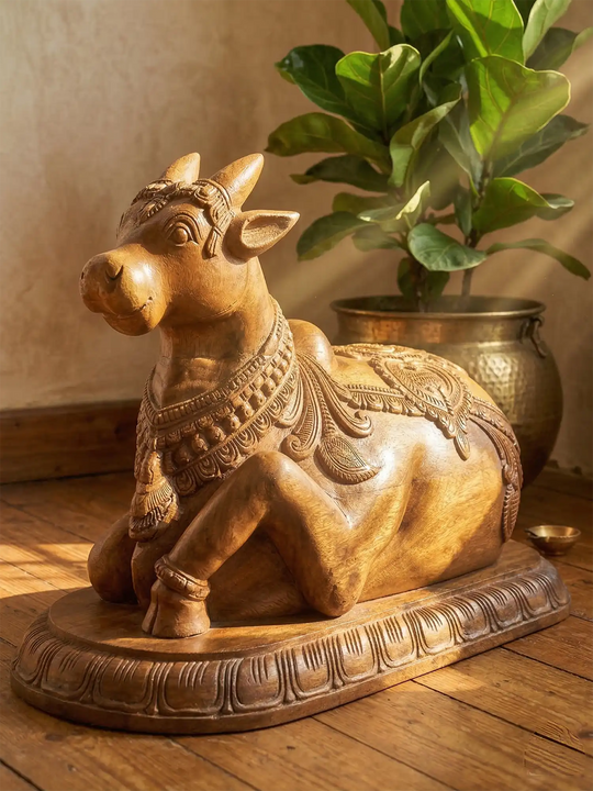 Intricately Handcrafted Wooden Sculpure Of Lord Nandhi 24"
