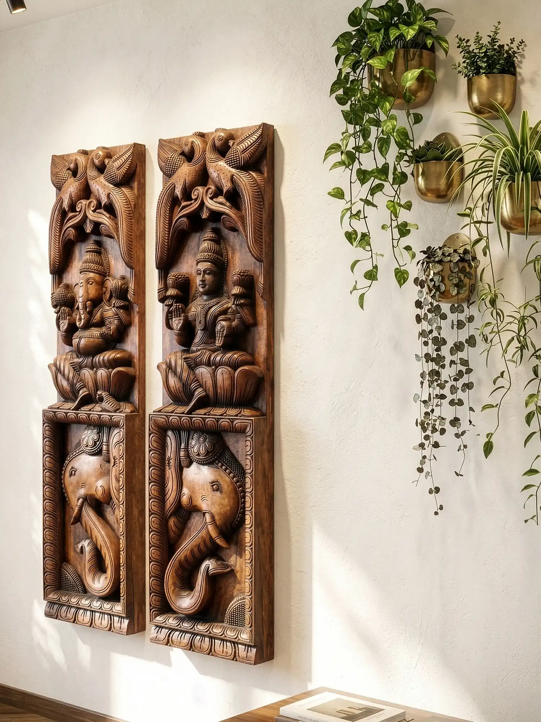 Wooden Ganesha & Lakshmi Wall Panel with Elephant