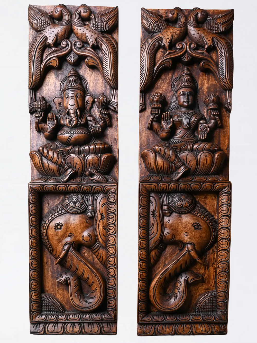 Wooden Ganesha & Lakshmi Wall Panel with Elephant