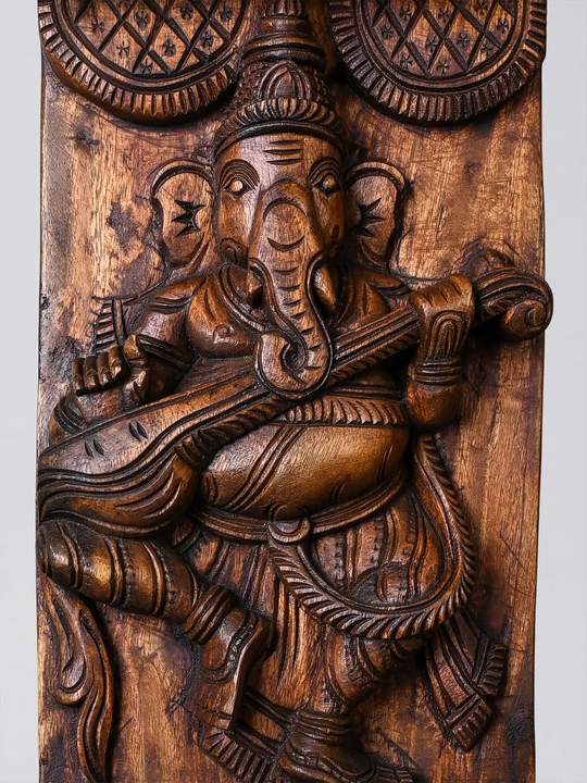 Handmade Wooden Ganesha Wall Panel Carving - Wooden Handicraft Wall Hangings 51"