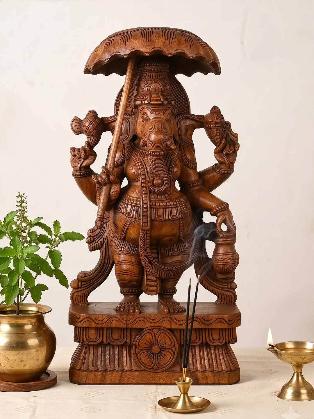 Premium wooden umbrella Ganesha sculpture for pooja room