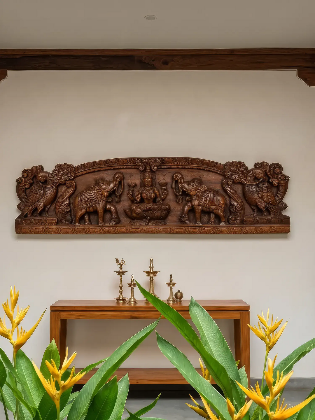 Antique finish Gajalakshmi wood carving wall decor