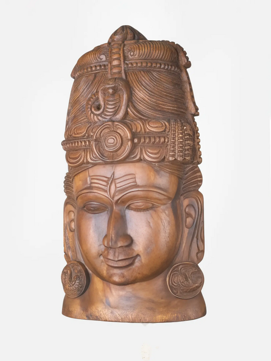 Wooden Shiva Face Wall Art -Handcrafted Mahadev Mask for Home Decor 22"