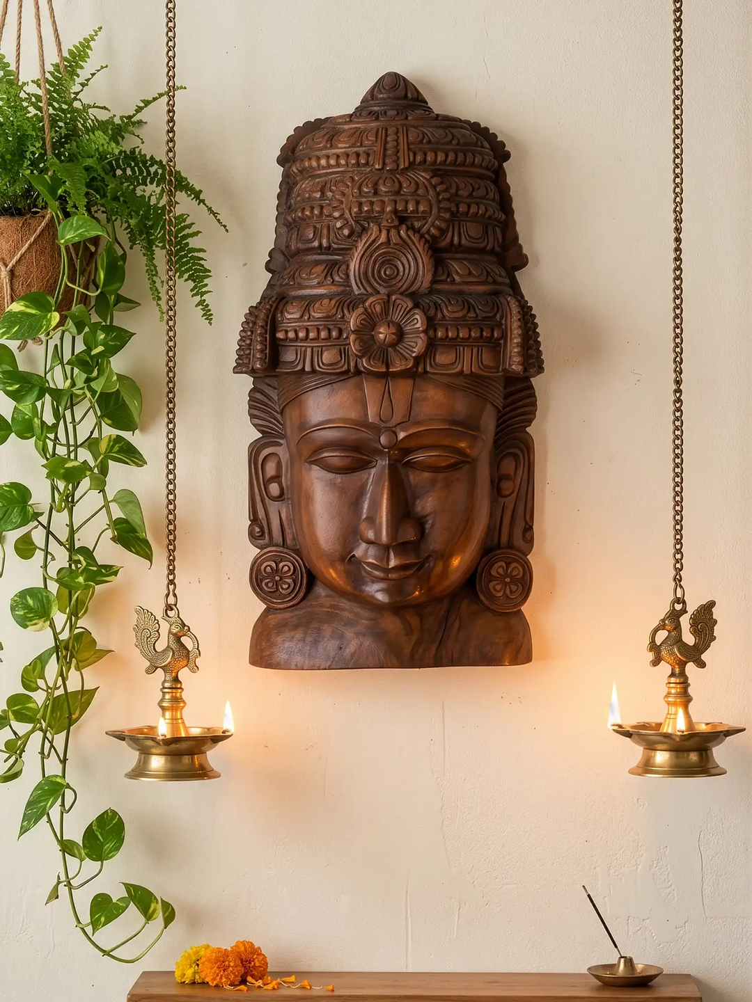 Lord Vishnu Wooden Face Sculpture for Wall Decor