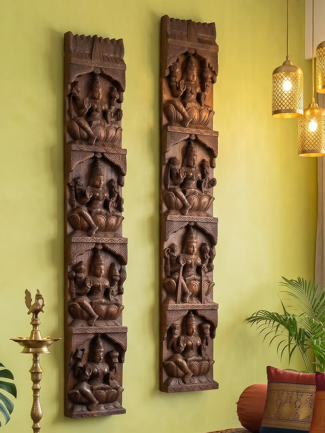 Large Vertical Lakshmi Wood Carving Panel Pair Handmade by Indian Artisans