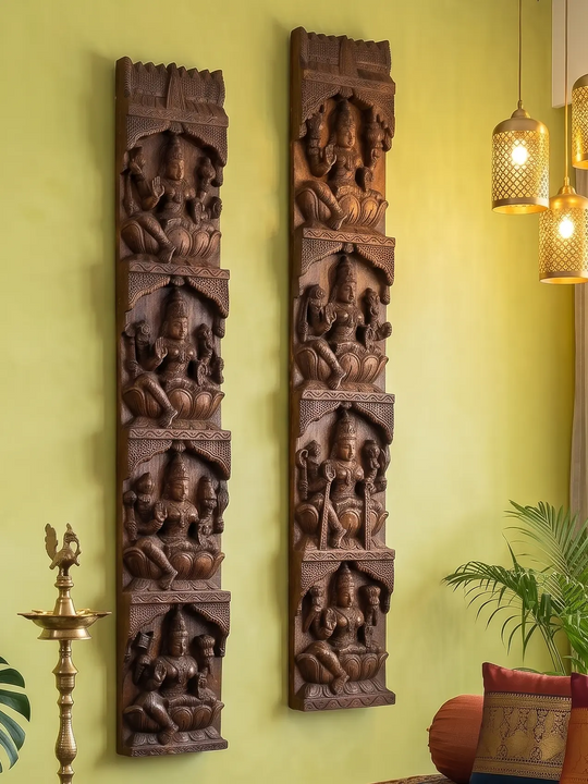Large Vertical Lakshmi Wood Carving Panel Pair Handmade by Indian Artisans
