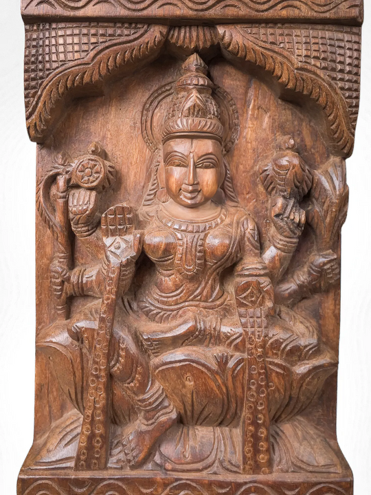 Vertical Lakshmi Wooden Carving Panel for Entrance - Pooja Room 47''