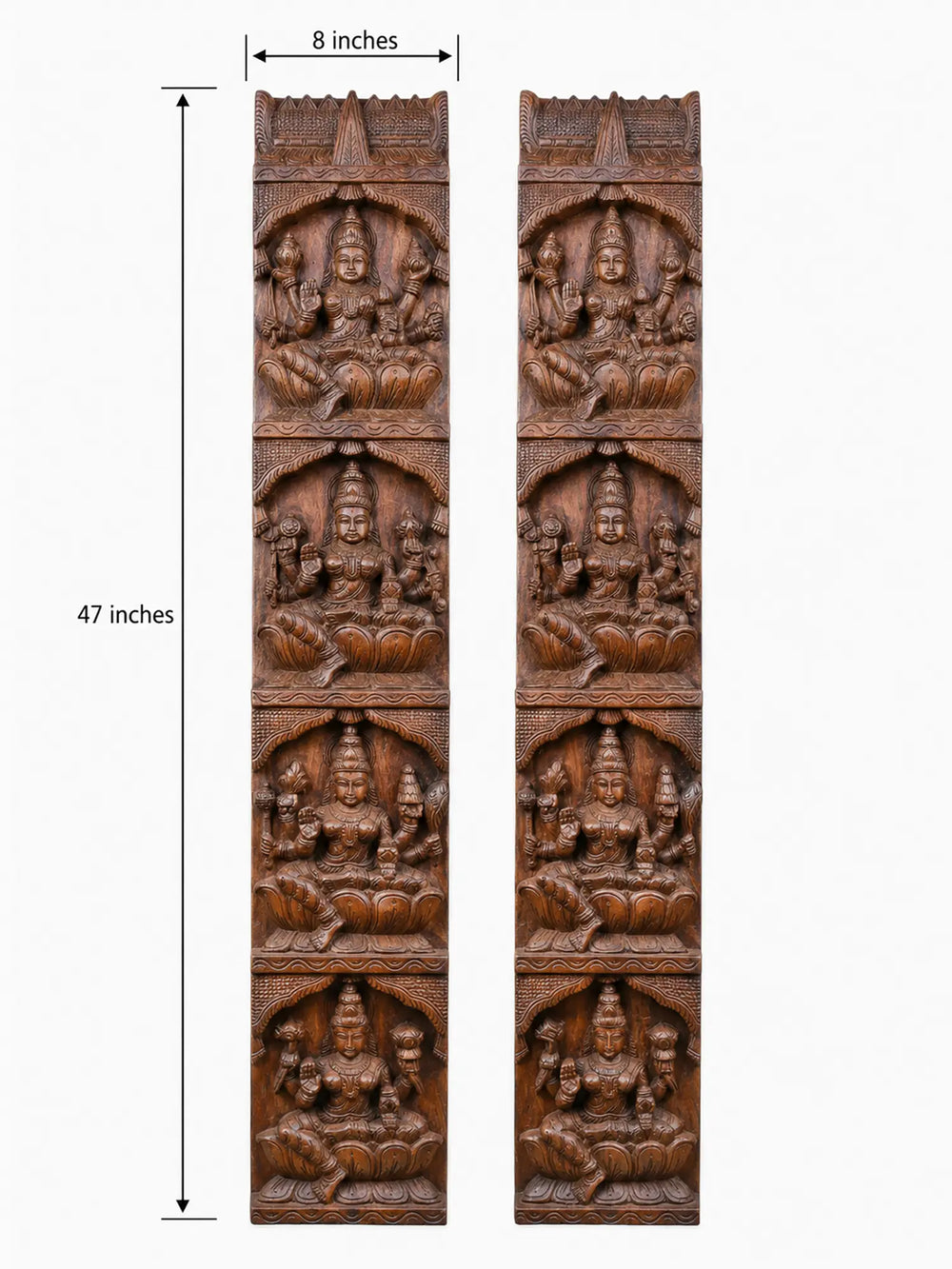 Large Vertical Lakshmi Wood Carving Panel Pair Handmade by Indian Artisans