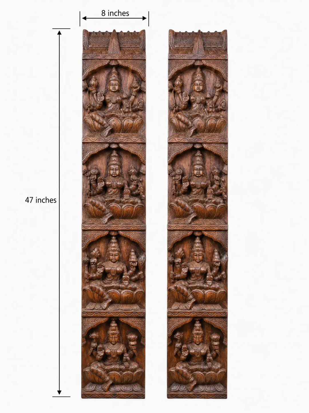 Large Vertical Lakshmi Wood Carving Panel Pair Handmade by Indian Artisans