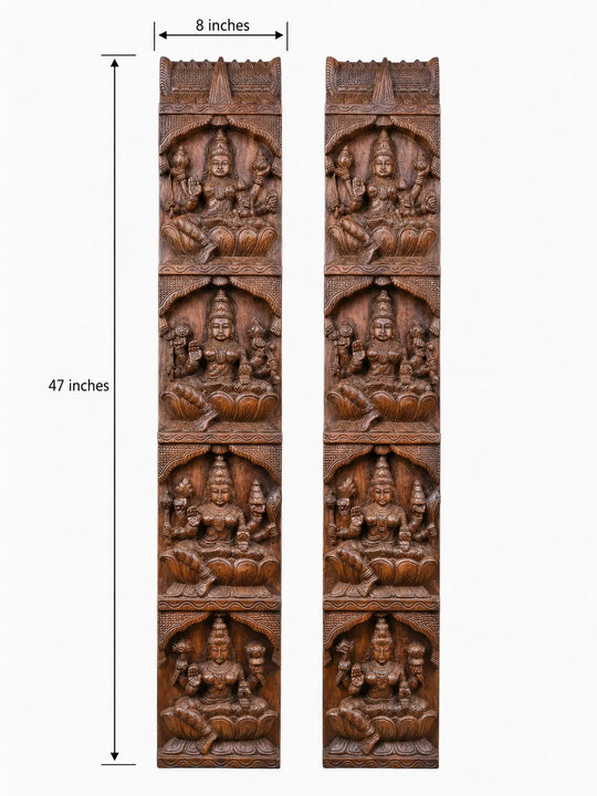 Large Vertical Lakshmi Wood Carving Panel Pair Handmade by Indian Artisans