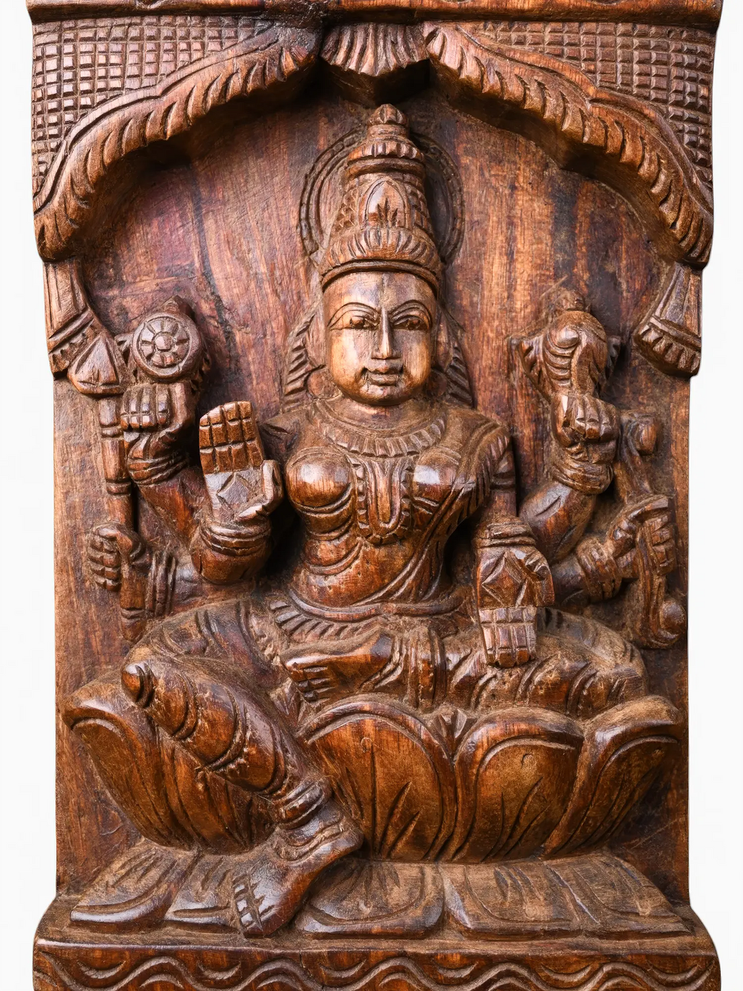 Elegant Goddess Lakshmi Wooden Temple Panels Hand-Carved from Solid Wood