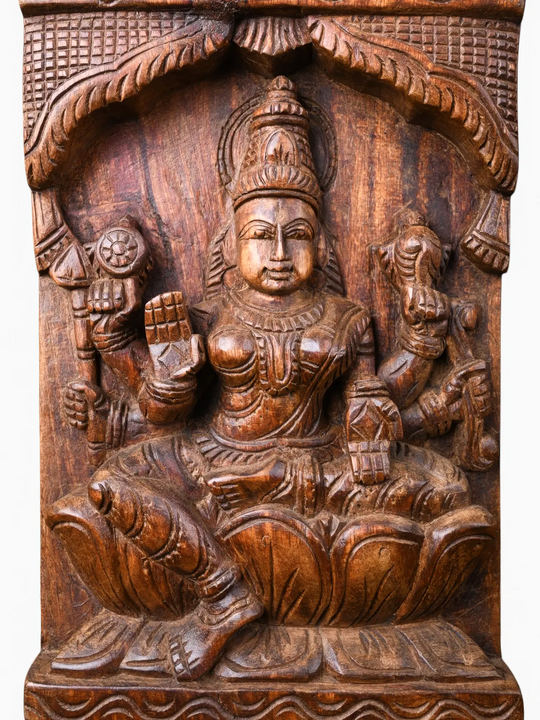 Elegant Goddess Lakshmi Wooden Temple Panels Hand-Carved from Solid Wood