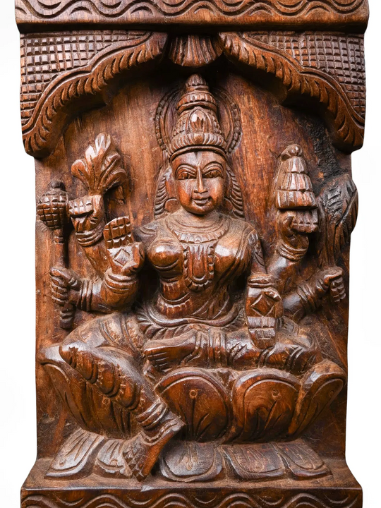 Exquisite Lakshmi Wooden Temple Wall Panels Featuring Intricate Hand Carvings