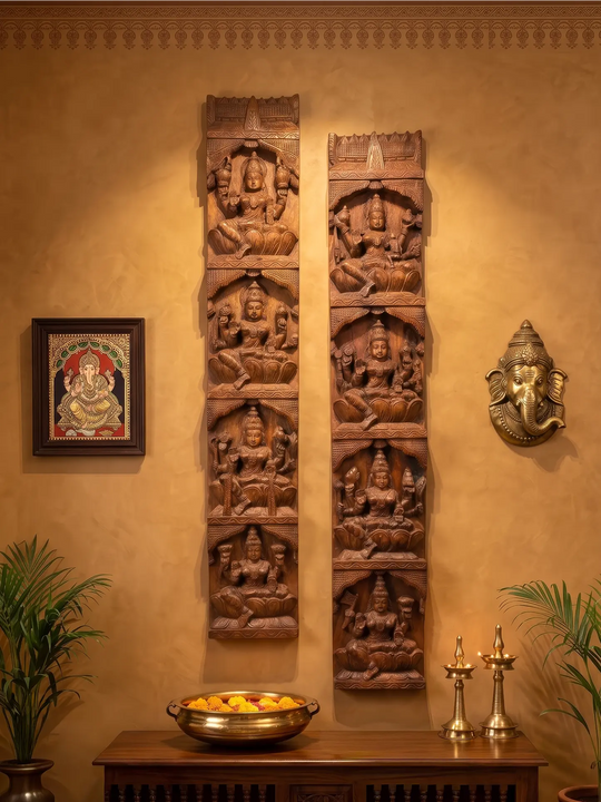 Vertical Lakshmi Wooden Carving Panel for Entrance - Pooja Room 47''
