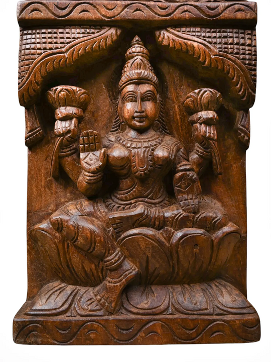 Vertical Lakshmi Wooden Carving Panel for Entrance - Pooja Room 47''