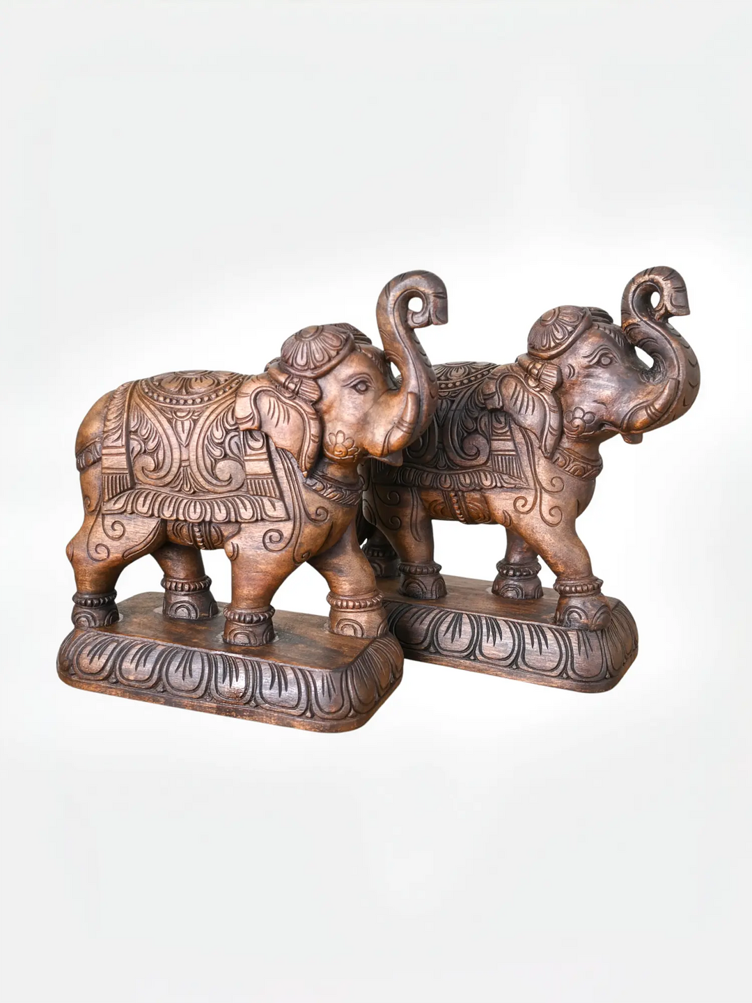 Premium hand carved wooden elephant pair showpiece