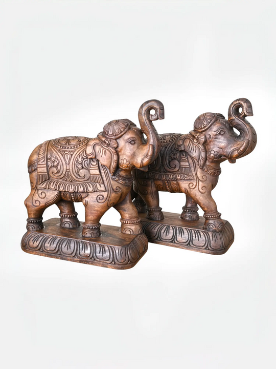 Premium hand carved wooden elephant pair showpiece