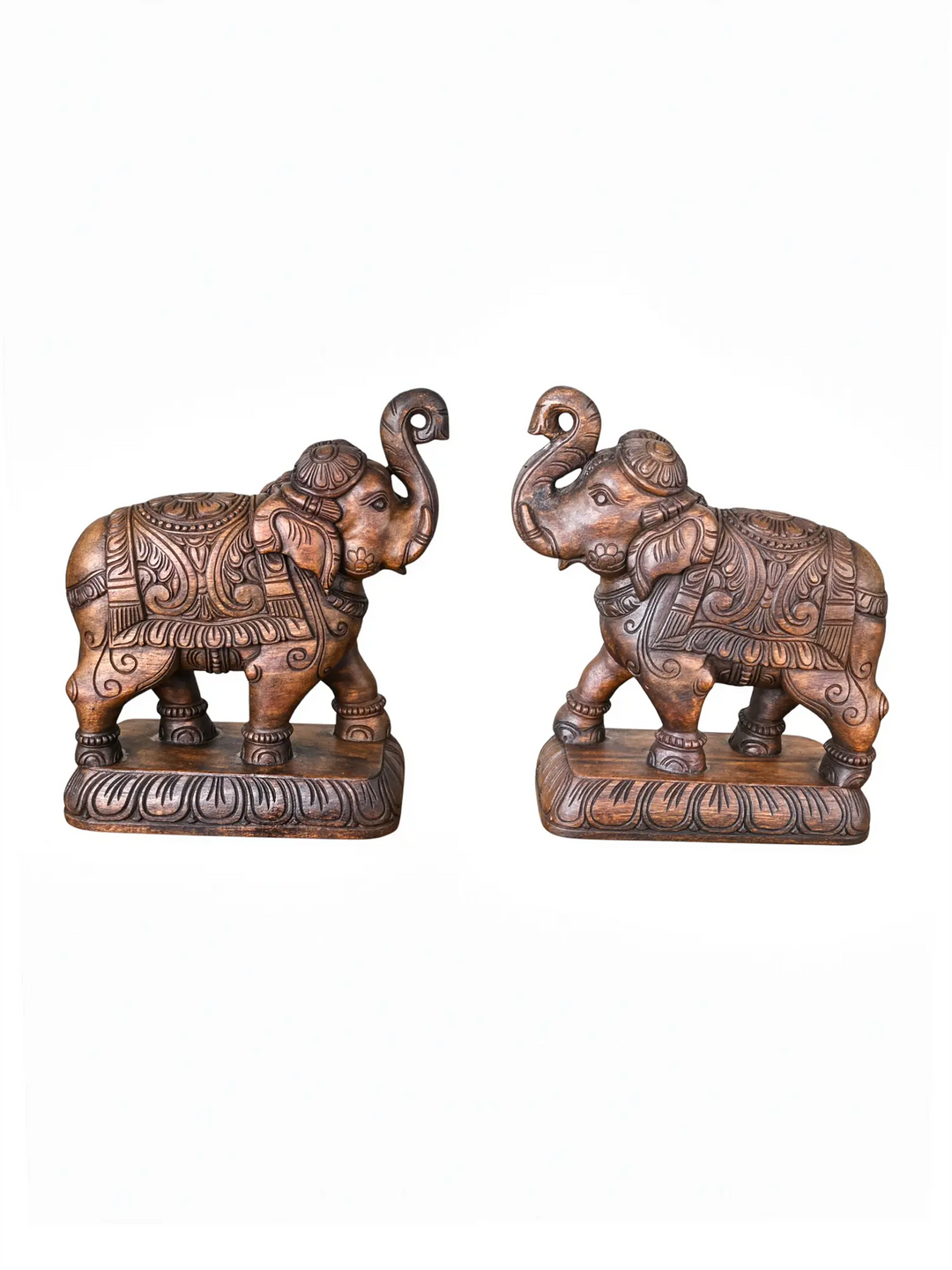 Wooden Elephant Pair Statue for Home Decor- Hand-Carved Table Accent 14''