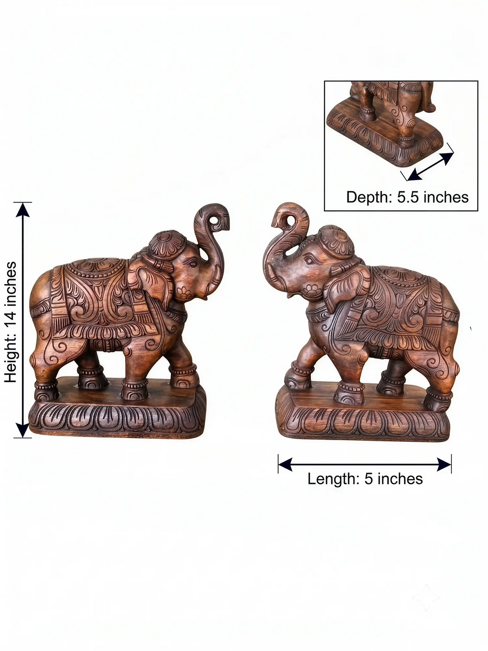Wooden Elephant Pair Statue for Home Decor- Hand-Carved Table Accent 14''