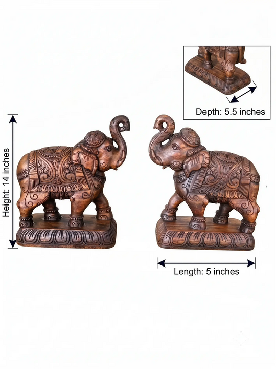 Wooden Elephant Pair Statue for Home Decor- Hand-Carved Table Accent 14''