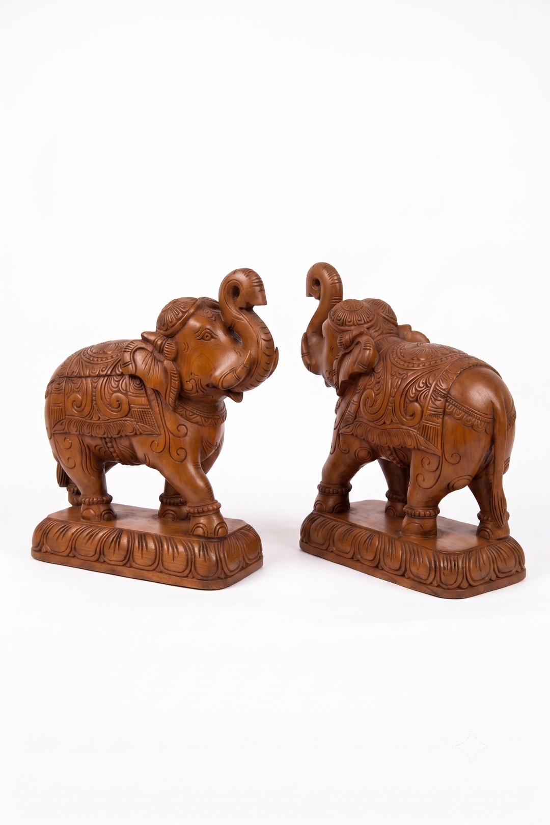 Wooden Elephant Pair Statue for Home Decor- Hand-Carved Table Accent 14''