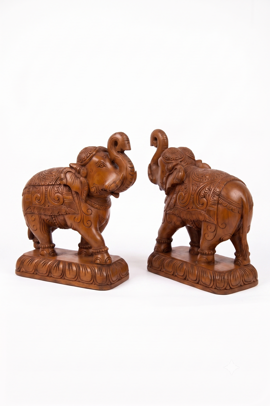Wooden Elephant Pair Statue for Home Decor- Hand-Carved Table Accent 14''